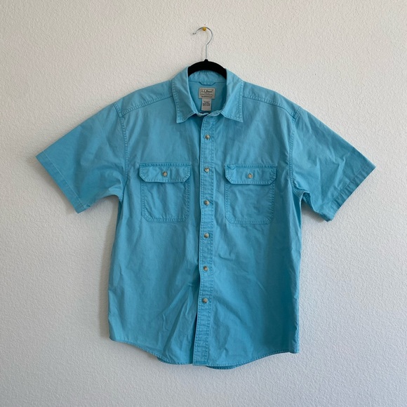 LL Bean Traditional Fit Short Sleeve Turquoise Button Down Canvas Shirt Medium - Picture 1 of 5
